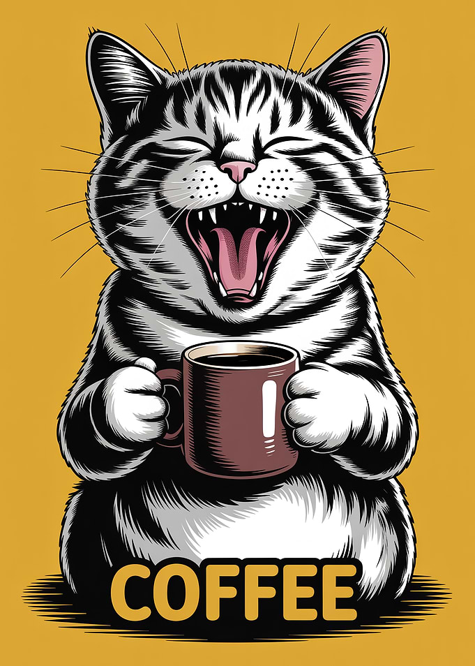 Yawning Cat Holding Coffee Mug