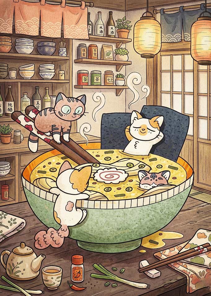 Cat Ramen Bowl Cozy Anime Poster