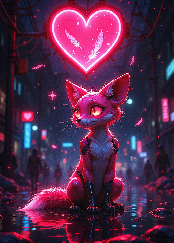 Neon Fox Heart Cyberpunk Art Poster