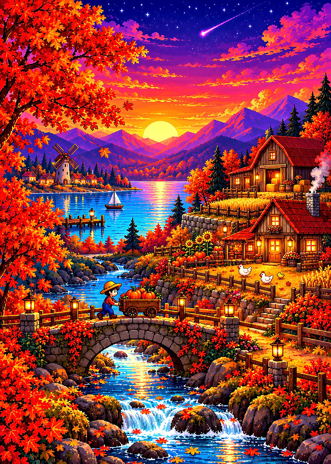 Stardew Valley Autumn Harvest Landscape with Little Farmer