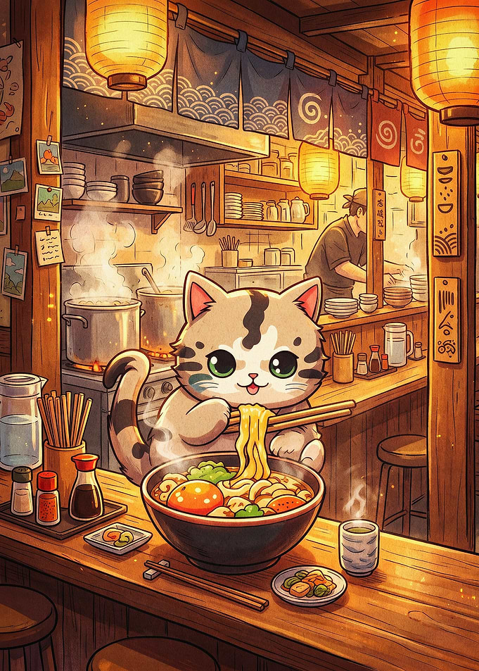 Cute Cat Ramen Shop Cozy Anime Art