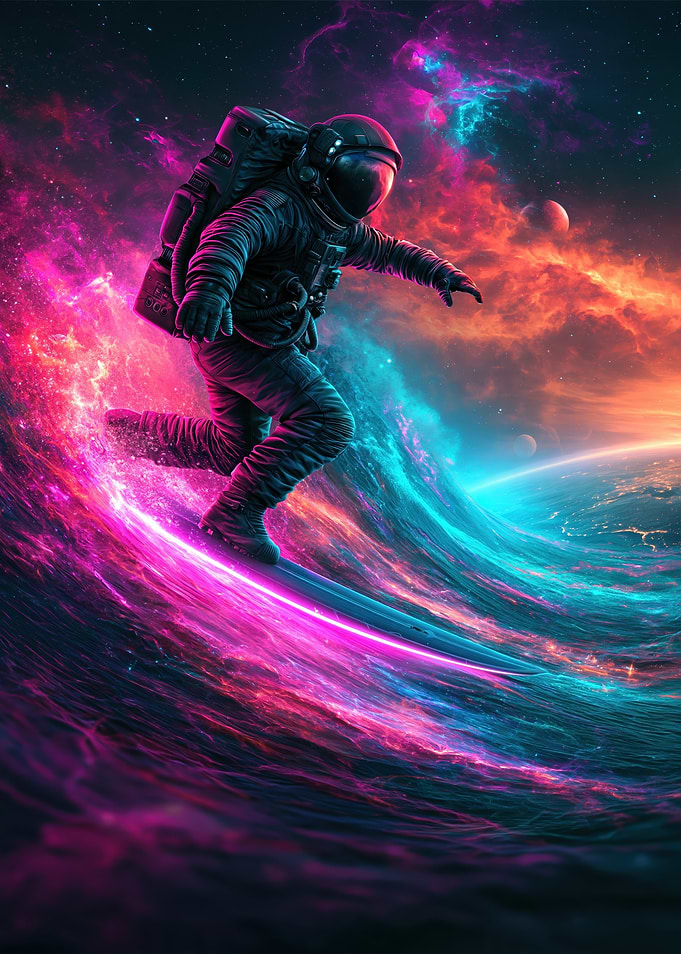 Astronaut Surfing Through Cosmic Nebula