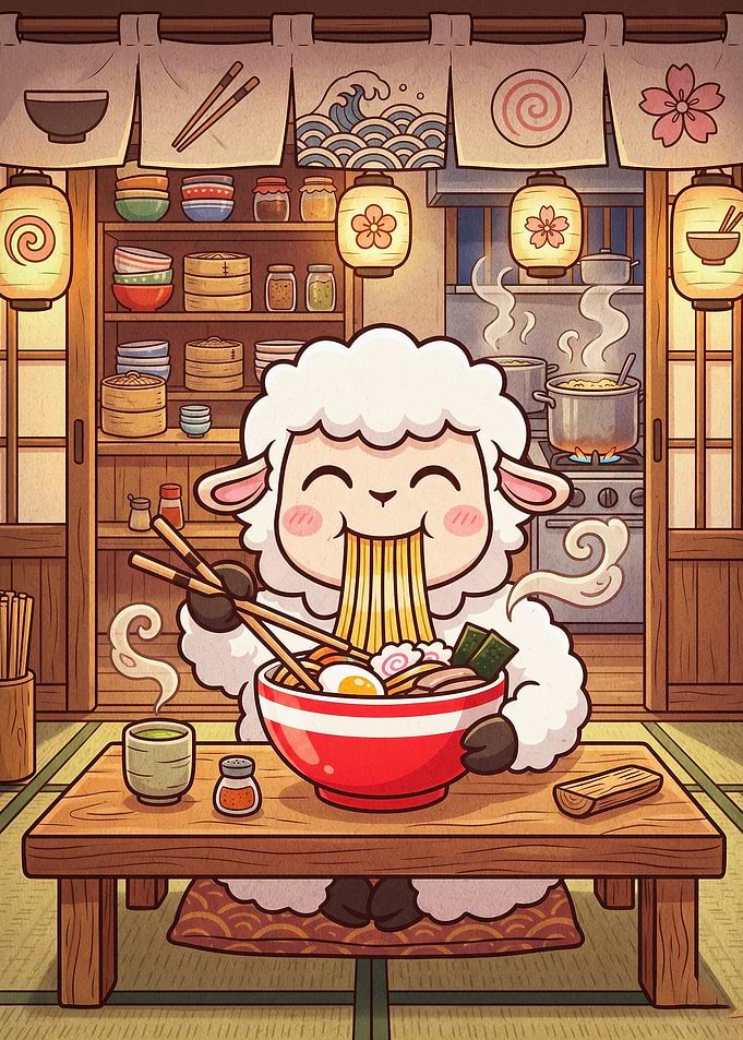 Cute Sheep Ramen Japanese Art Poste