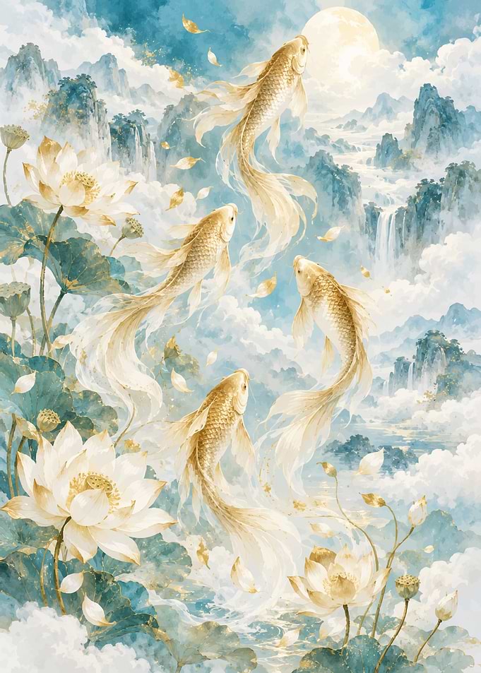 Golden Koi Fish and Lotus Flowers
