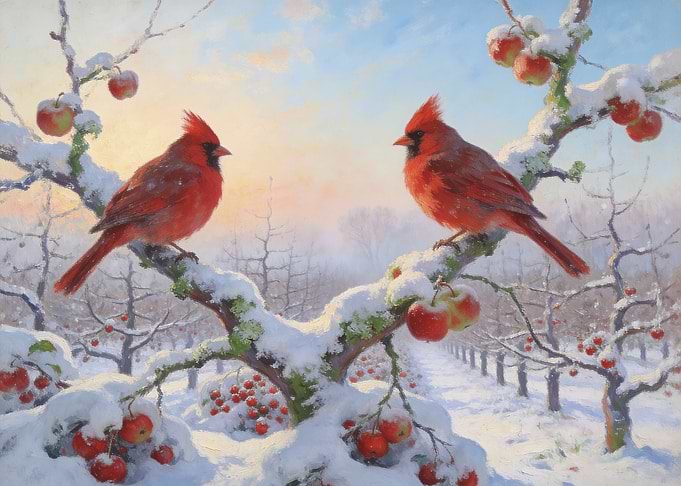 Two Cardinals in Snowy Apple Orchard