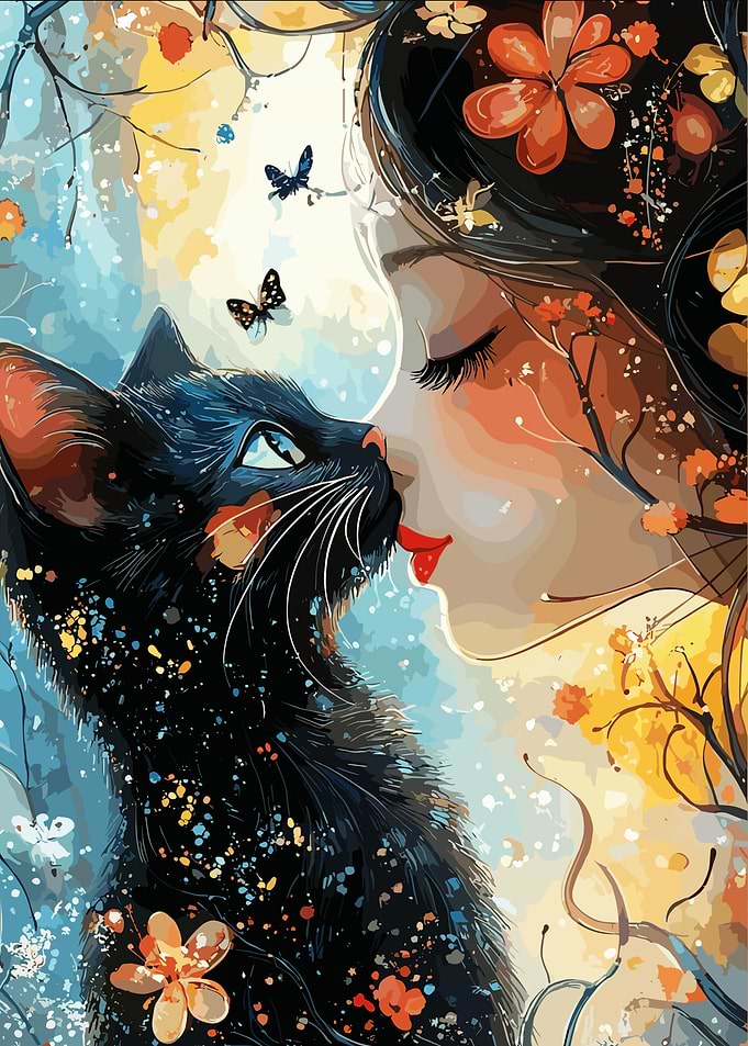 Girl and Black Cat Artistic Illustration