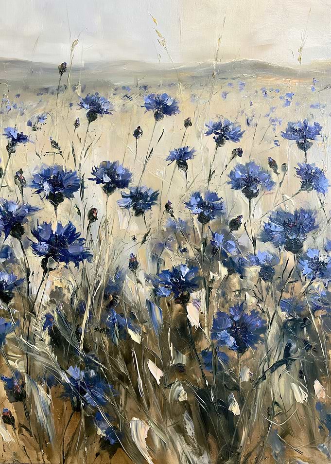 Blue Cornflowers in a Golden Wheat Field, Impressionist Oil Painting