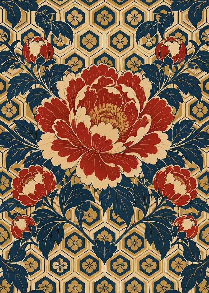 Japanese Art Poster: Peony and Kikko Tortoiseshell Pattern, Limited Colors