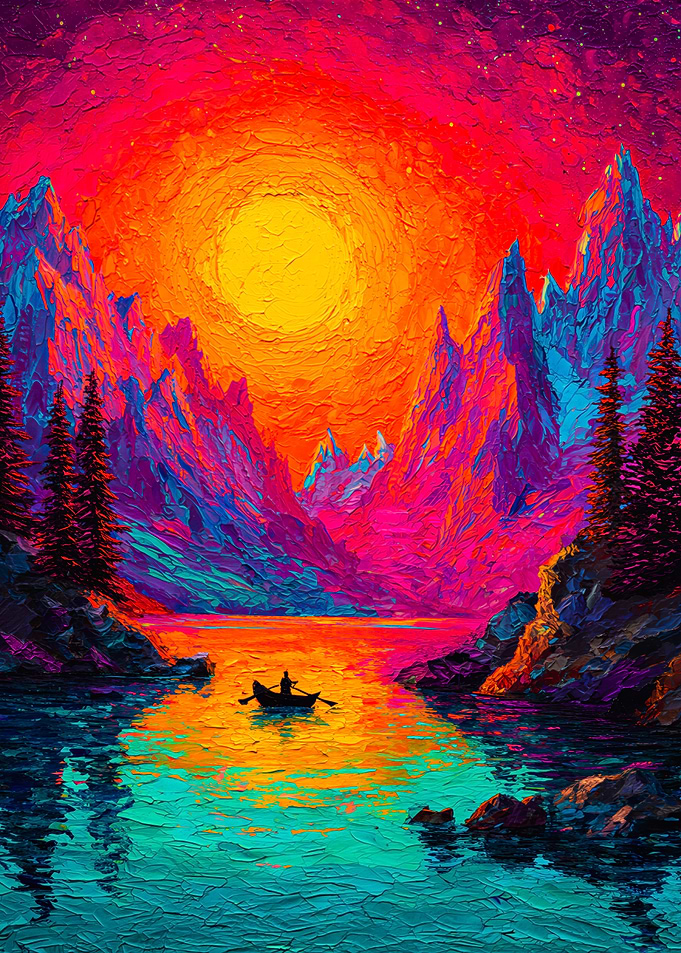 Lone Boat Beneath Neon Mountain Sunset Glow