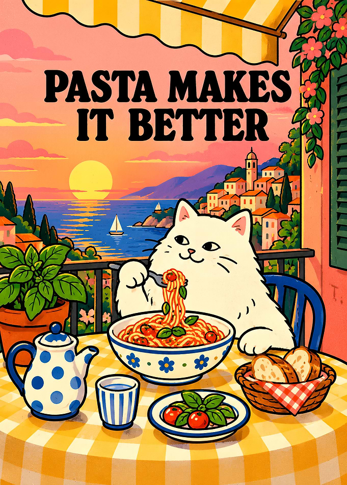 Cute Cat Eating Pasta