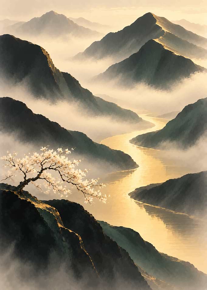 Golden River Through Misty Mountains
