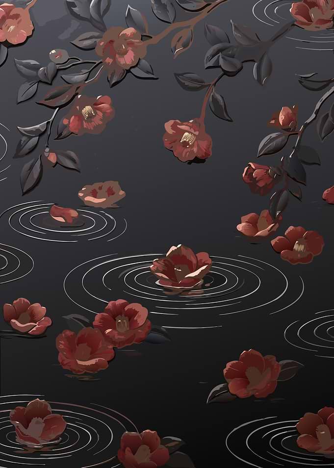 Red Camellias Floating on Dark Pond Ripples