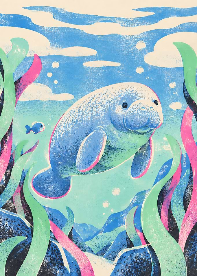 Cute Manatee Swimming in Seaweed