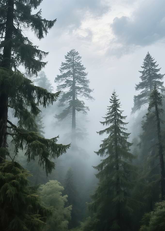 Misty Forest with Tall Pine Trees