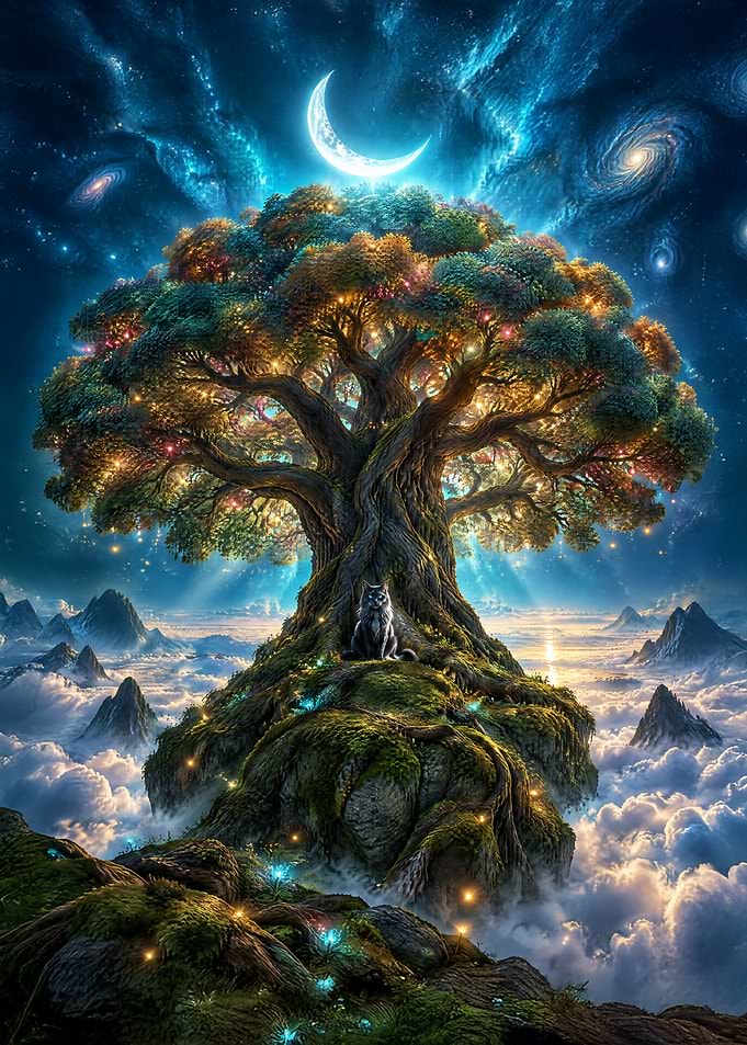 Mystical Cat Under Cosmic Tree