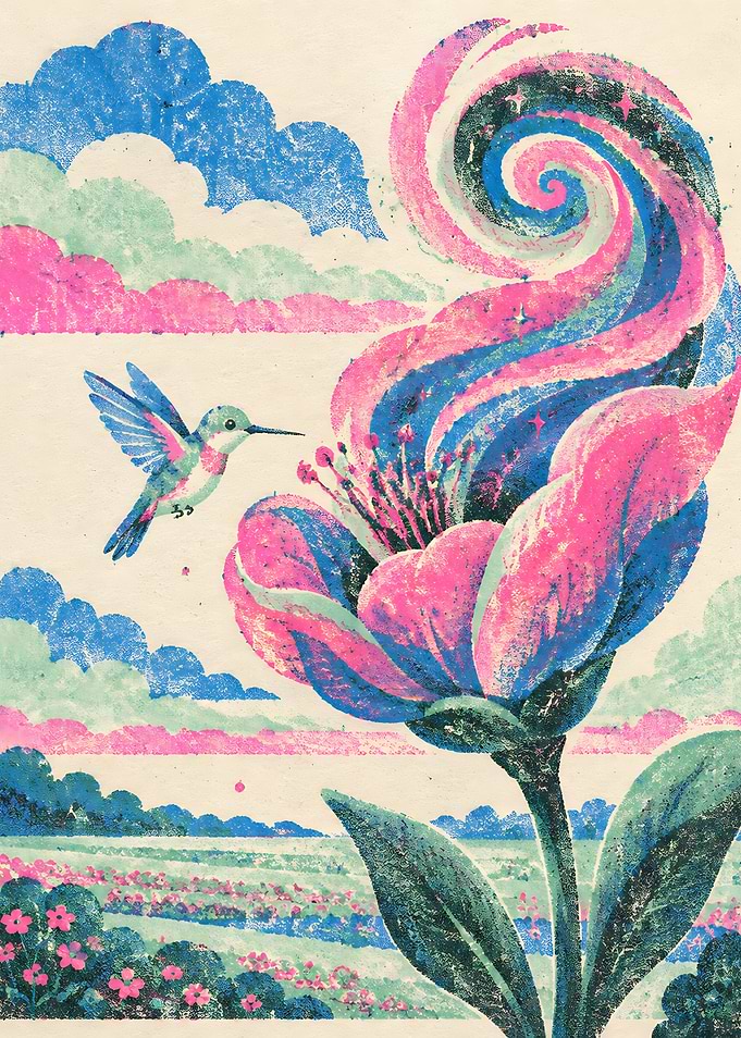 Hummingbird and Surreal Floral Illustration