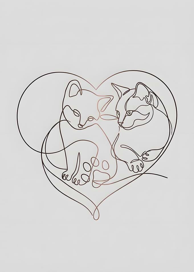 Minimalist Line Art Cats in Heart