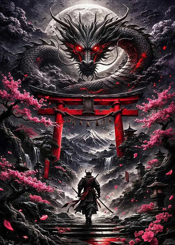 Samurai Facing Dragon at Torii Gate