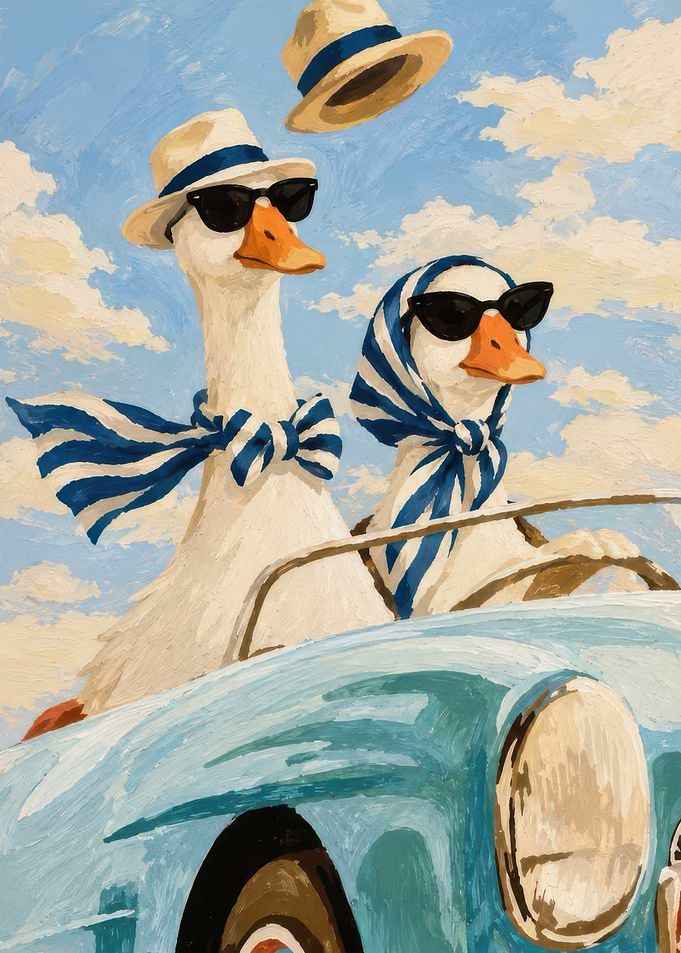Ducks Driving a Vintage Car