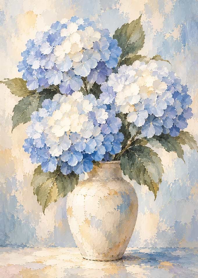 Blue Hydrangeas in Ceramic Vase