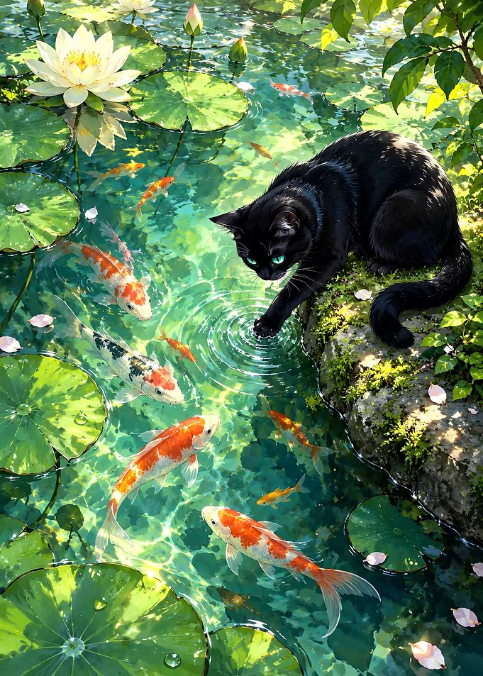 Black Cat Playing with Koi Fish