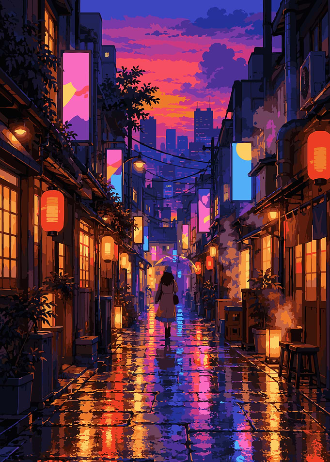 Rainy Tokyo Alley with Neon Lights