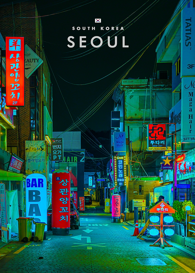 Neon Lit Street in Seoul