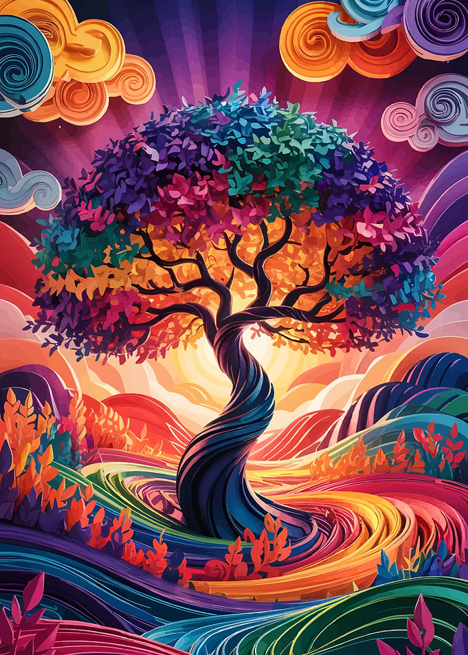 Vibrant Rainbow Twisted Tree Landscape
