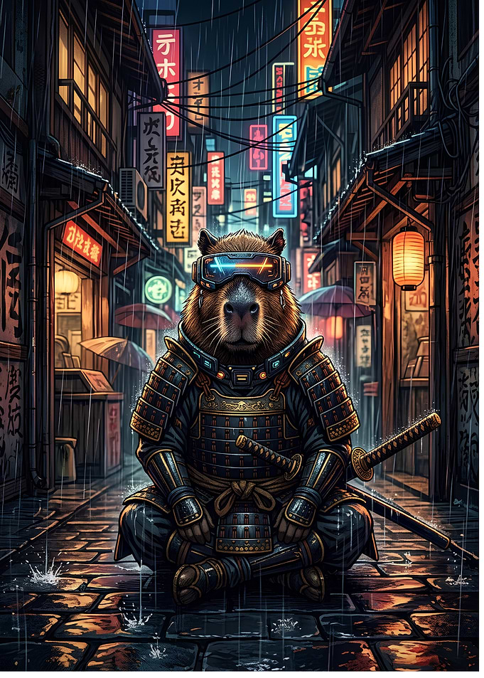 Cyberpunk Samurai Capybara in Rain