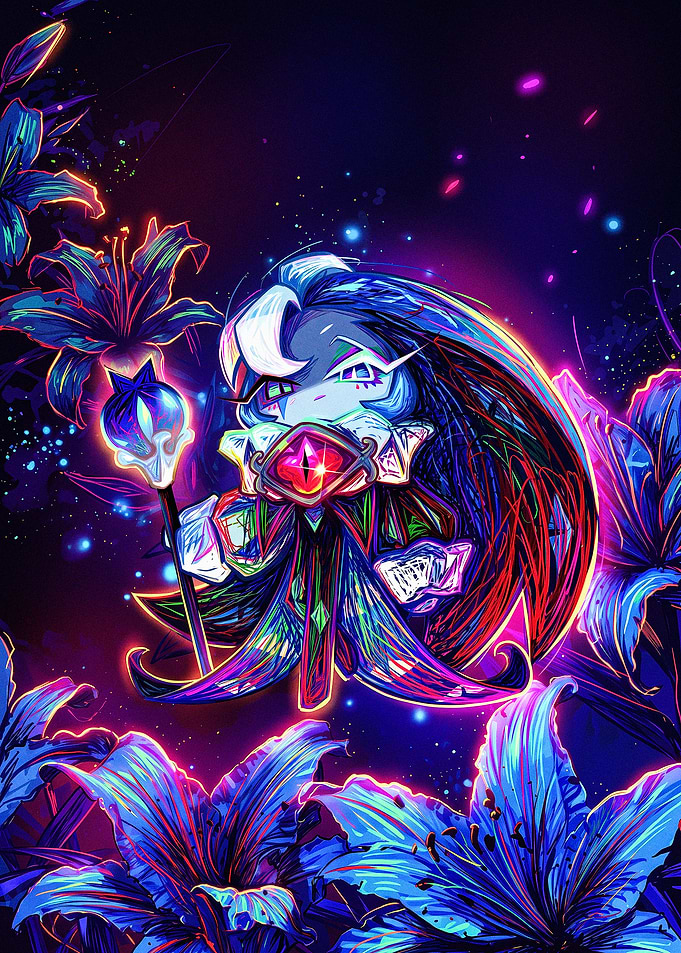 Neon Chibi Character with Glowing Lilies