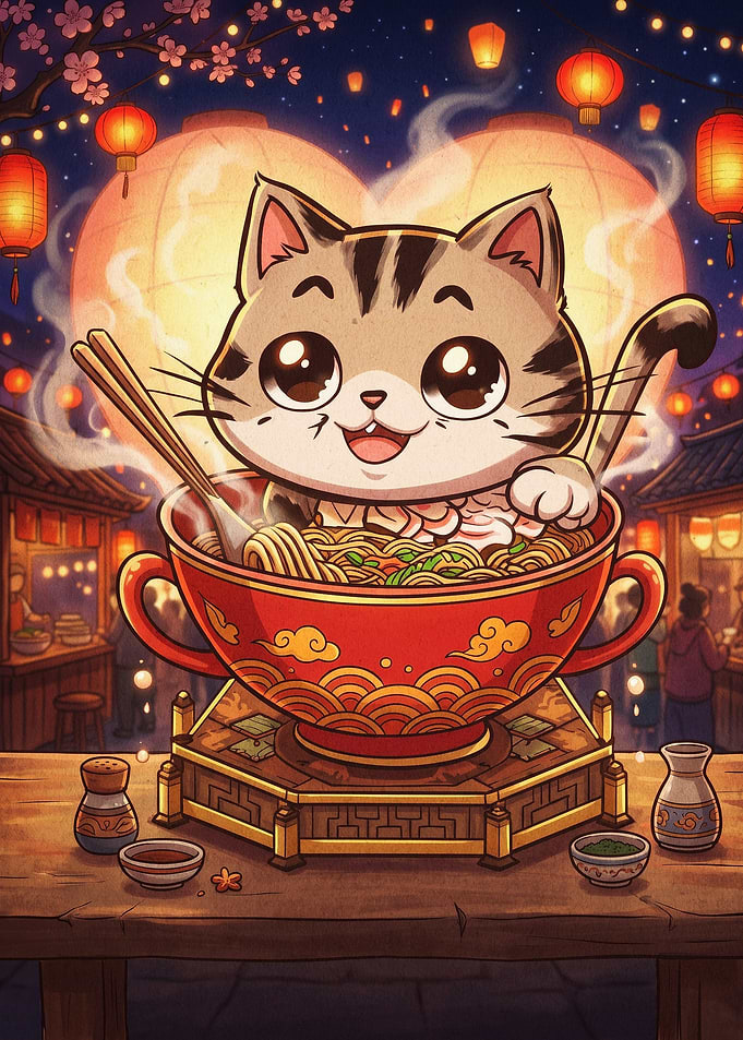 Cute Cat Ramen Bowl Kawaii Anime