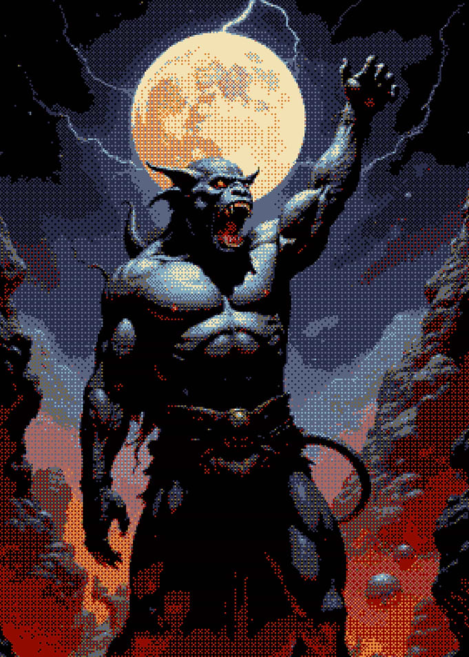 Pixel Art Demon Under Full Moon
