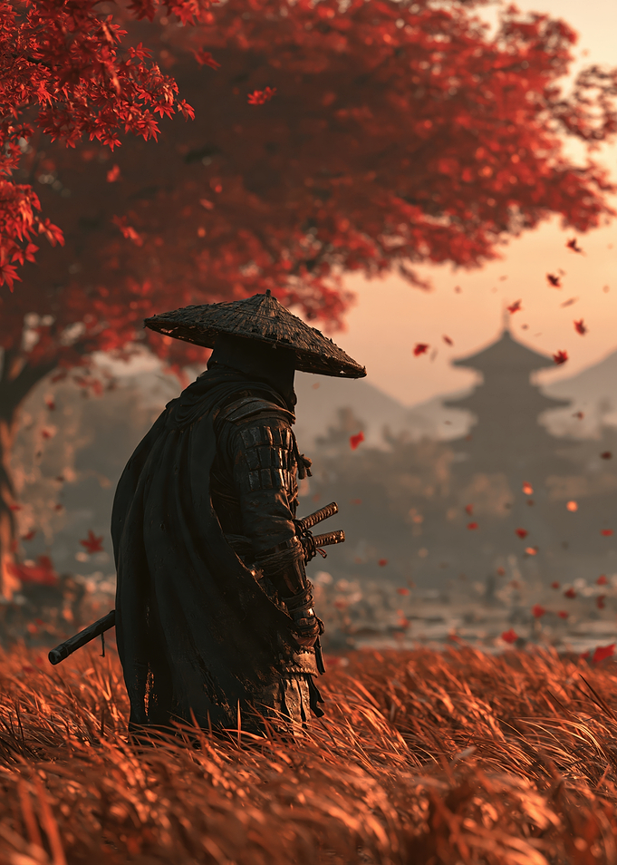 Samurai Standing in Red Maple Field