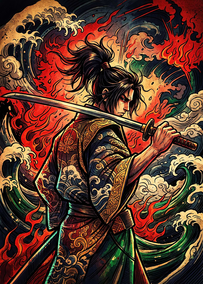 Samurai Warrior with Katana and Elements