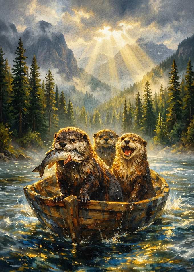 Otters in Boat Mountain Art Poster