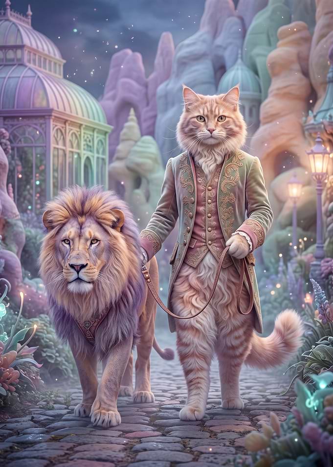 Anthropomorphic Cat Walking a Lion