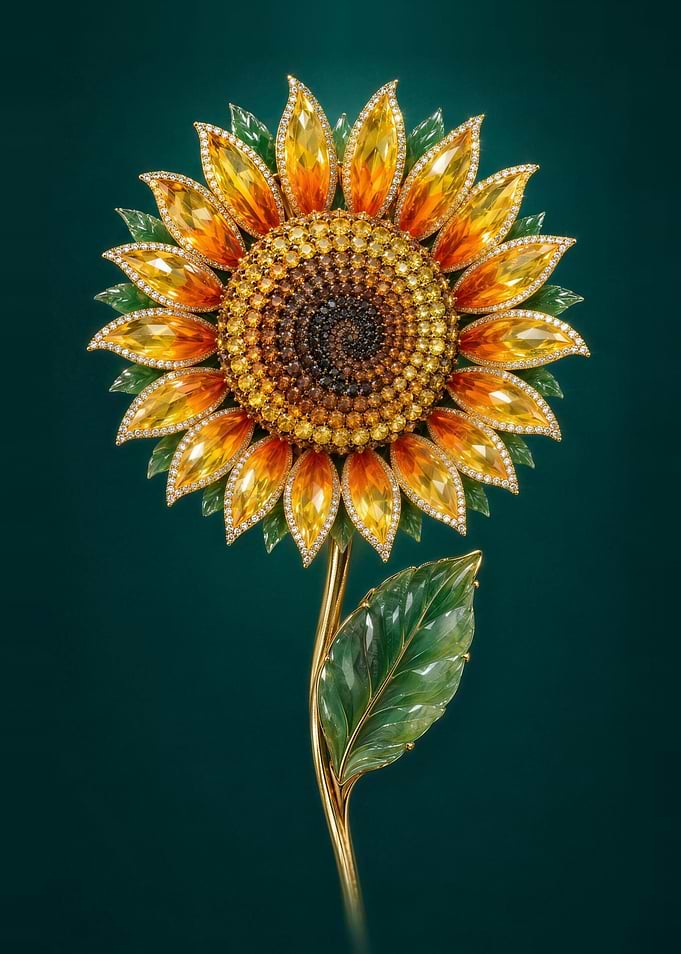Exquisite Jeweled Sunflower in Citrine and Yellow Sapphire