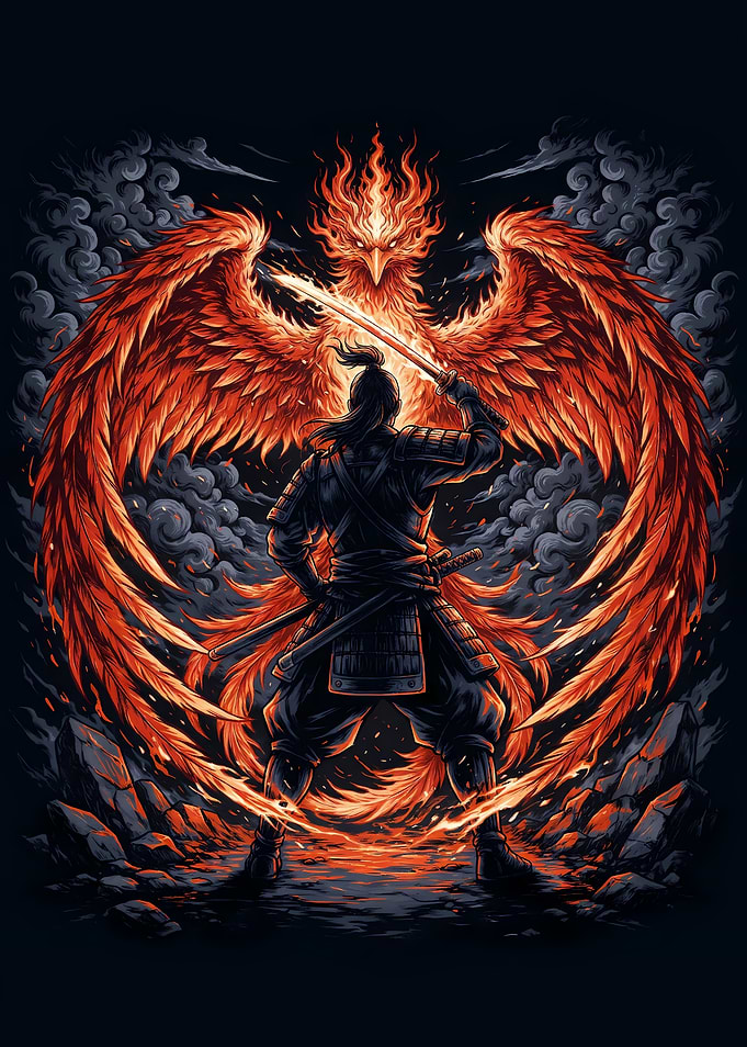 Samurai Facing a Fiery Phoenix