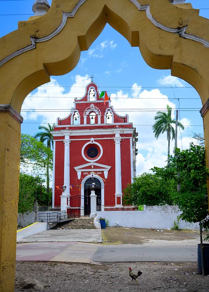Red Church Framed by Yellow Arch