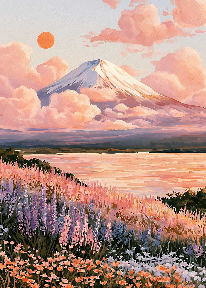 Mount Fuji Sunset Floral Landscape