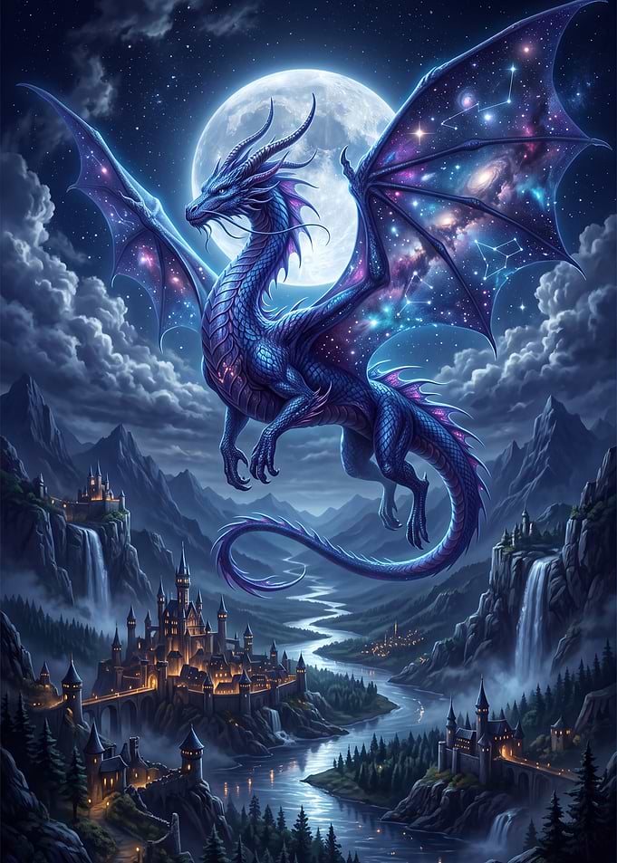 Cosmic Dragon Over Fantasy Kingdom