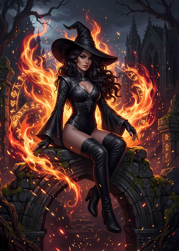 Fiery Witch Sitting on Stone Arch