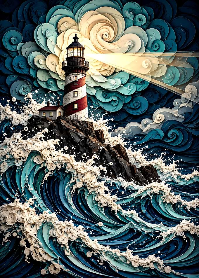 Stylized Lighthouse Amidst Swirling Ocean Waves