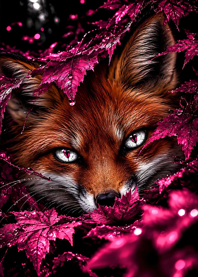 Fox with Glowing Eyes in Foliage