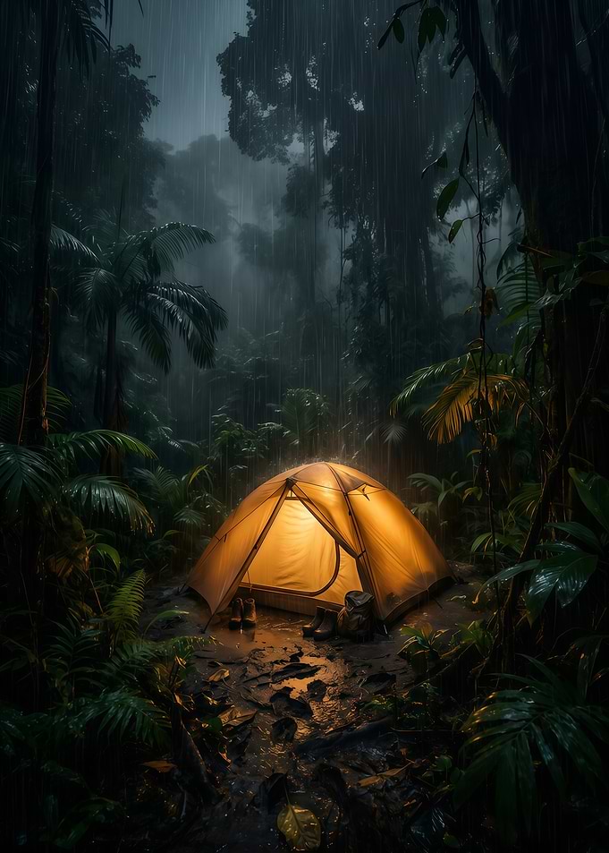 Glowing Tent in Rainy Jungle