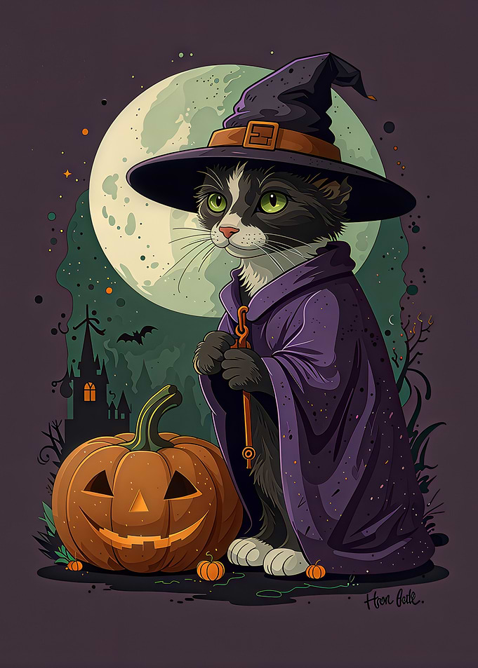 Cute Cat Witch Halloween Illustration