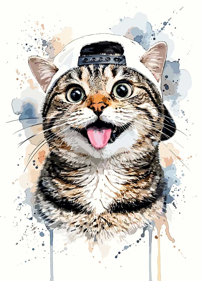 Watercolor Tabby Cat Wearing Baseball Cap