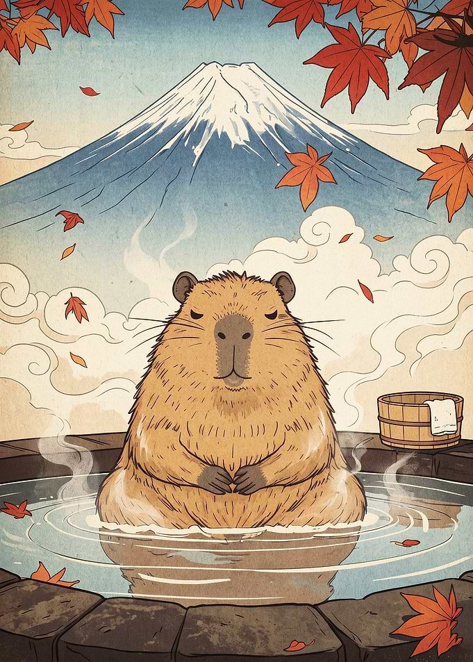 Capibara Hot Spring Ukiyo e Art