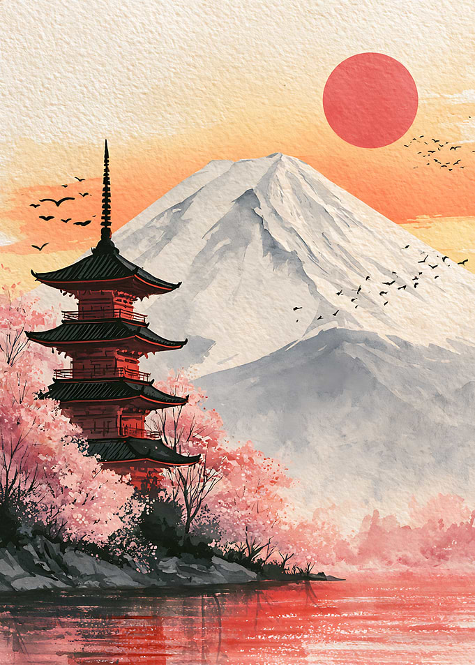 Mount Fuji and Pagoda Watercolor Landscape