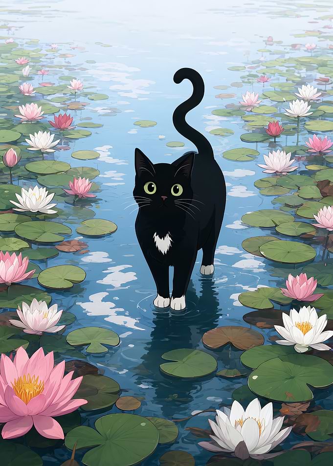 Black Cat Walking on Water